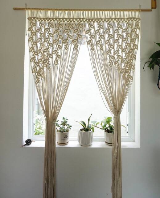Macrame Doorway Curtains, Bohemian Room Divider, Long Curtain, Door Window Curtain, Rustic Vintage Country Style, Mid Century Modern - image 1