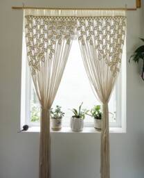 Macrame Doorway Curtains, Bohemian Room Divider, Long Curtain, Door Window Curtain, Rustic Vintage Country Style, Mid Century Modern - thumbnail 1