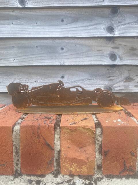 Rusty Metal F1 Car Garden Sculpture, Steel Anniversary Gift - image 1