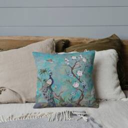 Outdoor Pillows - Weatherproof Garden Cushions Chinoiserie Floral Pattern Oriental Turquoise Peacock Flower Print Chinese Style - thumbnail 2