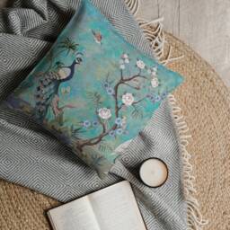 Outdoor Pillows - Weatherproof Garden Cushions Chinoiserie Floral Pattern Oriental Turquoise Peacock Flower Print Chinese Style - thumbnail 3