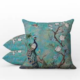 Outdoor Pillows - Weatherproof Garden Cushions Chinoiserie Floral Pattern Oriental Turquoise Peacock Flower Print Chinese Style