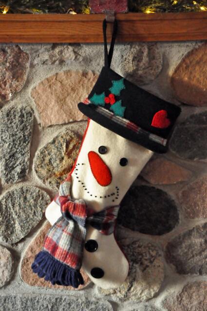 Christmas Stocking, Snowman Upcycled Stocking, , Recycled Log Cabin Decor - image 1