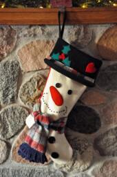 Christmas Stocking, Snowman Upcycled Stocking, , Recycled Log Cabin Decor - thumbnail 1