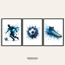 Football Wall Art Prints - Set Of 3 Soccer - Boys Bedroom Decor Teen Room Blue Print Poster - thumbnail 1