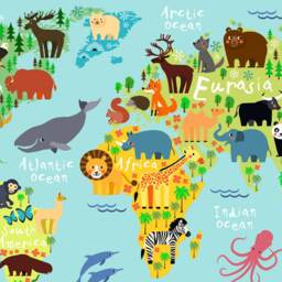 World Map Wall Decal, Sticker, Jungle Animals Themed For Kids Room, Playroom Peel & Stick - thumbnail 2