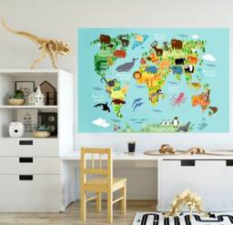 World Map Wall Decal, Sticker, Jungle Animals Themed For Kids Room, Playroom Peel & Stick