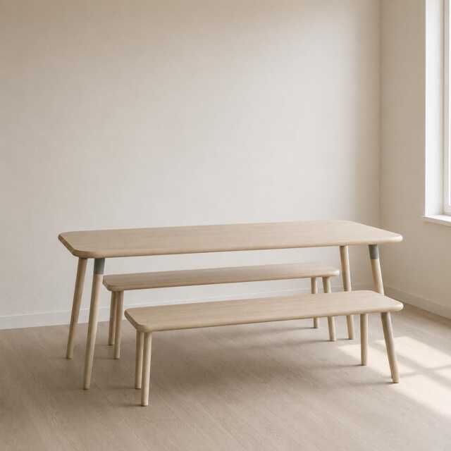 Solid Oak Dining Table With Benches, Handmade Scandinavian Set, Custom Sizes - image 1
