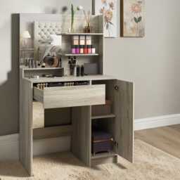 Dressing Table With Mirror Stool Vanity Desk Drawer Shelves Cabinet Natural Wood Finish - thumbnail 2