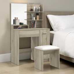 Dressing Table With Mirror Stool Vanity Desk Drawer Shelves Cabinet Natural Wood Finish - thumbnail 1