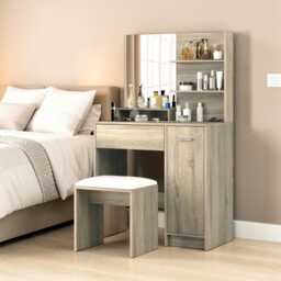 Dressing Table With Mirror Stool Vanity Desk Drawer Shelves Cabinet Natural Wood Finish - thumbnail 3
