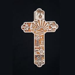 Small Farm Themed Wooden Cross Wall Decor - Laser Cut Birch Wood - thumbnail 2