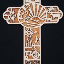 Small Farm Themed Wooden Cross Wall Decor - Laser Cut Birch Wood - thumbnail 3
