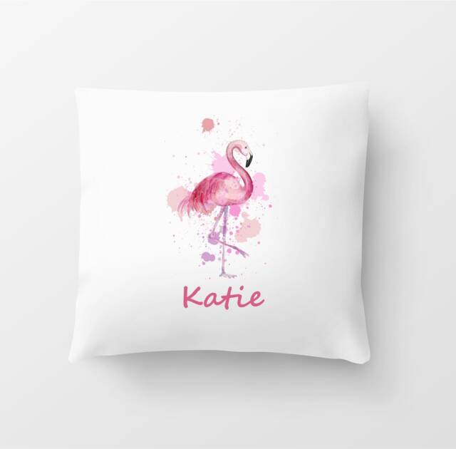 Flamingo Cushion With Personalised Name Printed in Pink