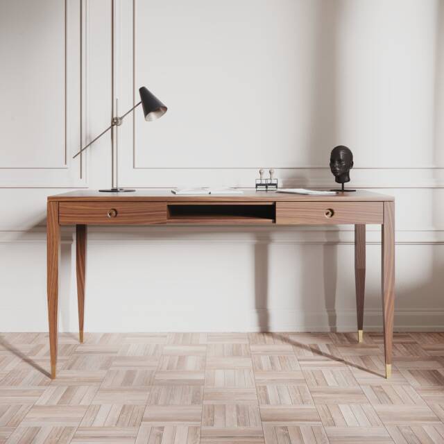 Mid Century Modern Walnut Desk With Drawers & Shelf - image 1
