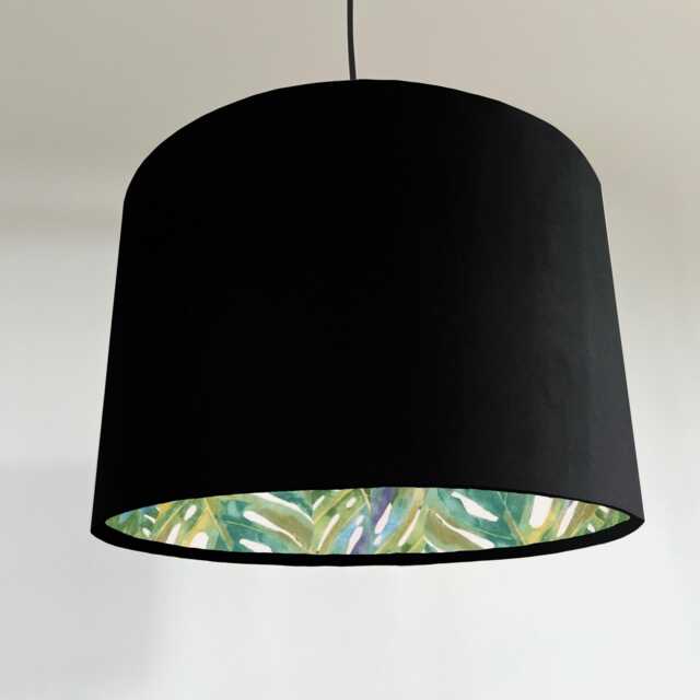 Black Velvet Drum Lampshade, Double Sided Lampshade With Palm Leaves Cotton Interior, Ceiling Light Shade - image 1