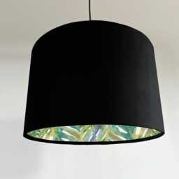 Black Velvet Drum Lampshade, Double Sided Lampshade With Palm Leaves Cotton Interior, Ceiling Light Shade