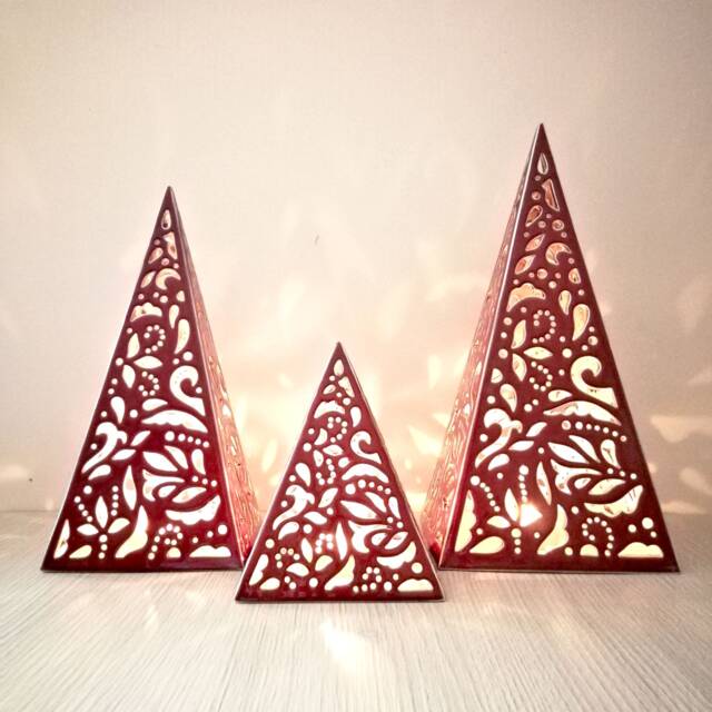 Red Pyramid Candle Lantern Geometric Christmas Table Decor - image 1