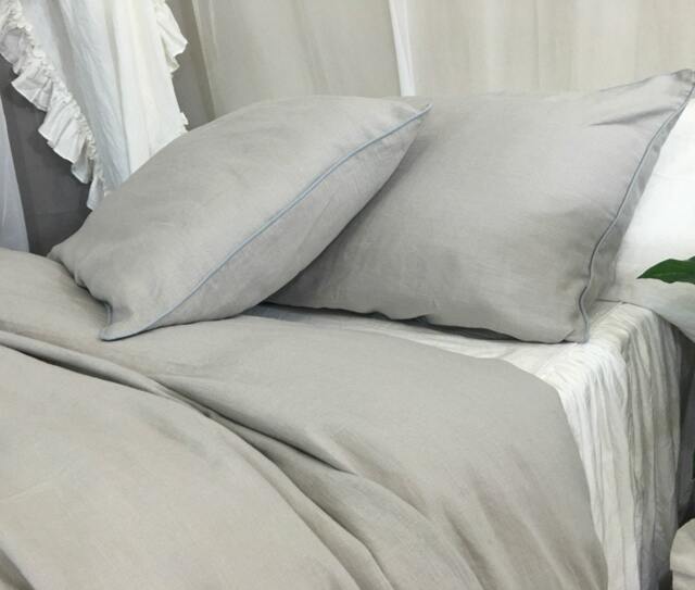 stone Grey Duvet Cover With Duck Egg Blue Piping, Available in Twin, Full, Queen, King, Calif. King Or Custom Size - image 1