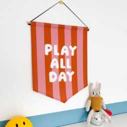 Play All Day Fabric Banner, Rose Rust Striped, Kids Room Decor - thumbnail 3