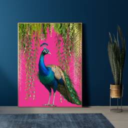 Vibrant Tropical Peacock & Jungle Foliage Art Print On Hot Pink Background, Exotic Bird Wall Decor - thumbnail 2
