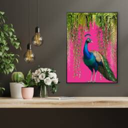 Vibrant Tropical Peacock & Jungle Foliage Art Print On Hot Pink Background, Exotic Bird Wall Decor - thumbnail 3
