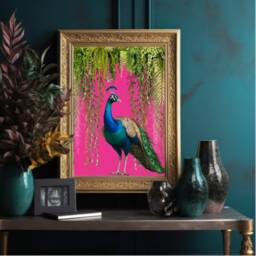 Vibrant Tropical Peacock & Jungle Foliage Art Print On Hot Pink Background, Exotic Bird Wall Decor - thumbnail 1