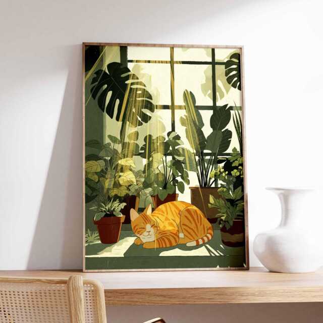 Orange Cat Wall Art Print, Modern Botanical Poster, Cozy Animal Artwork, Plant Lover Decor For Bedroom Or Living Room - image 1