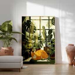 Orange Cat Wall Art Print, Modern Botanical Poster, Cozy Animal Artwork, Plant Lover Decor For Bedroom Or Living Room - thumbnail 3