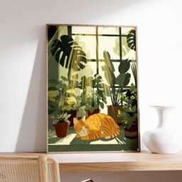 Orange Cat Wall Art Print, Modern Botanical Poster, Cozy Animal Artwork, Plant Lover Decor For Bedroom Or Living Room - thumbnail 1