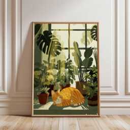 Orange Cat Wall Art Print, Modern Botanical Poster, Cozy Animal Artwork, Plant Lover Decor For Bedroom Or Living Room - thumbnail 2