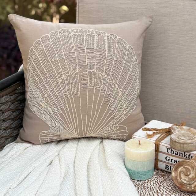Cotton Linen Beaded Coastal Mocha Beige Decorative Pillow Sham, 24x24/26x26, Beach Style Euro Square Pillowcase - Scallop Shell - image 1