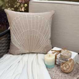 Cotton Linen Beaded Coastal Mocha Beige Decorative Pillow Sham, 24x24/26x26, Beach Style Euro Square Pillowcase - Scallop Shell - thumbnail 3