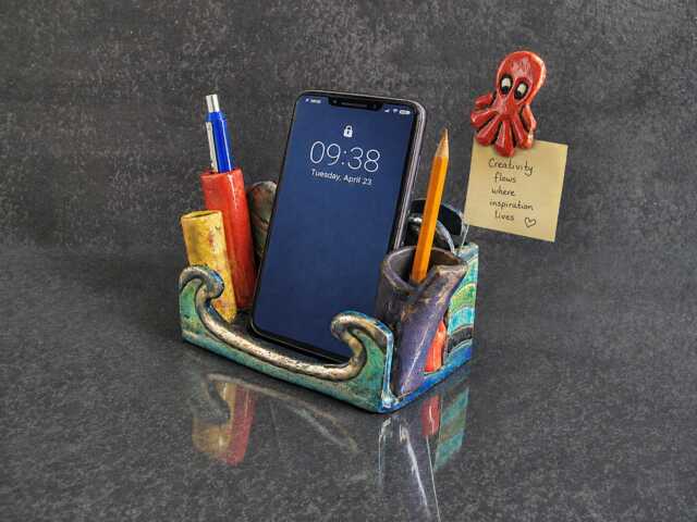 "Raku Cell Phone Stand & Desk Organizer - Cute Beach Office Decor ""Submarine Diorama" - image 1