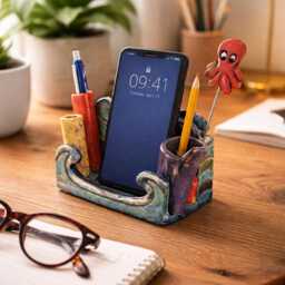 "Raku Cell Phone Stand & Desk Organizer - Cute Beach Office Decor ""Submarine Diorama" - thumbnail 4