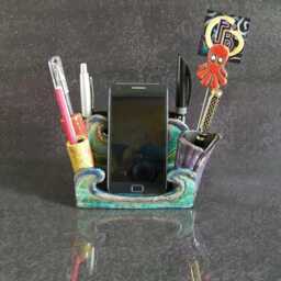 "Raku Cell Phone Stand & Desk Organizer - Cute Beach Office Decor ""Submarine Diorama" - thumbnail 2