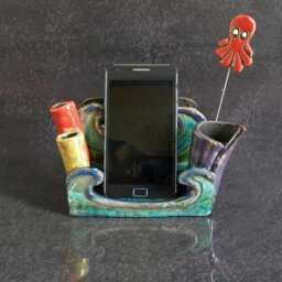 "Raku Cell Phone Stand & Desk Organizer - Cute Beach Office Decor ""Submarine Diorama" - thumbnail 3