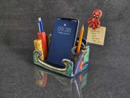 "Raku Cell Phone Stand & Desk Organizer - Cute Beach Office Decor ""Submarine Diorama"