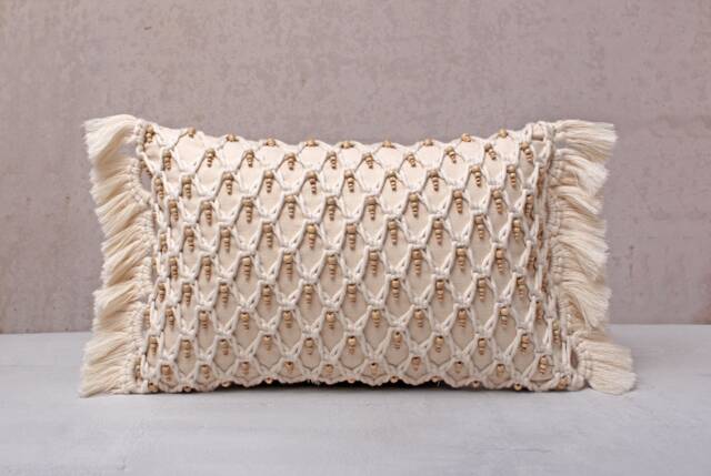 Off-White Cotton Macrame Bohemian, Bali Style Pillow Cover, Decorative Handmade Throw Cover, Embroidered Cover Wlcc029 - image 1