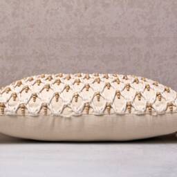 Off White Macrame Lumbar Pillow Cover, Cotton Cushion With Fringe & Wooden Beads - thumbnail 4
