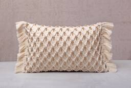 Off White Macrame Lumbar Pillow Cover, Cotton Cushion With Fringe & Wooden Beads