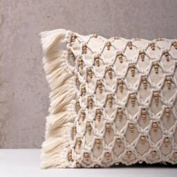 Off-White Cotton Macrame Bohemian, Bali Style Pillow Cover, Decorative Handmade Throw Cover, Embroidered Cover Wlcc029 - thumbnail 2