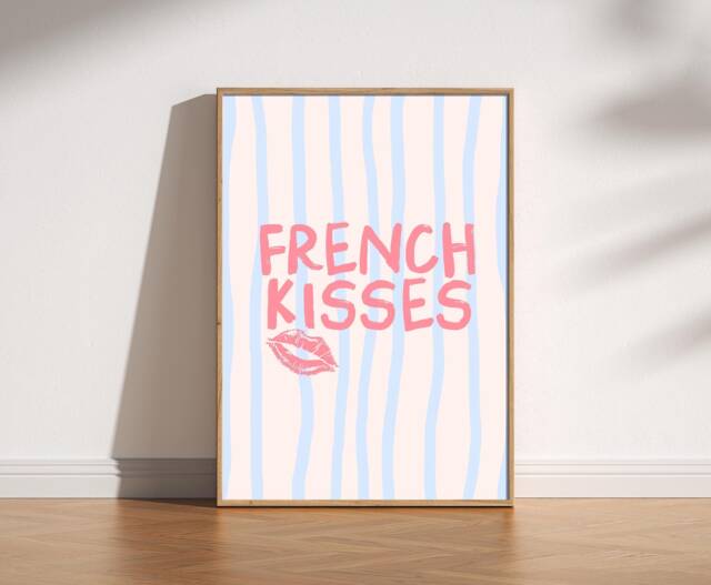 French Kisses Print Coquette Pink & Blue Striped Poster - image 1