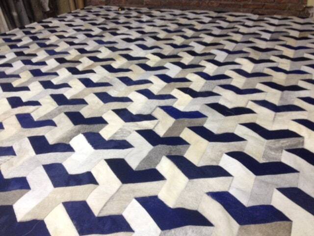 Patchwork Cowhide Rug, Free Shipping - Model Atacama 6/8' X 10' Mix Of Grey, Whites & Navy Blue - image 1