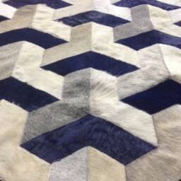 Patchwork Cowhide Rug, Free Shipping - Model Atacama 6/8' X 10' Mix Of Grey, Whites & Navy Blue - thumbnail 4