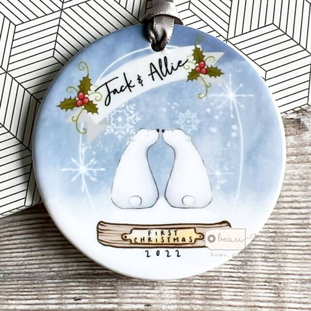 Personalised First Christmas Together Engaged Married Couple Gift Polar Bear Snow Globe Design Ceramic Or Acrylic Round Ornament Keepsake - image 1
