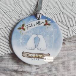 Personalised First Christmas Together Engaged Married Couple Gift Polar Bear Snow Globe Design Ceramic Or Acrylic Round Ornament Keepsake - thumbnail 3