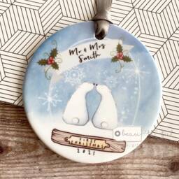 Personalised First Christmas Together Engaged Married Couple Gift Polar Bear Snow Globe Design Ceramic Or Acrylic Round Ornament Keepsake - thumbnail 2