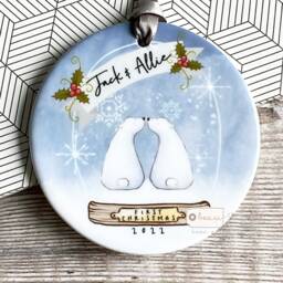 Personalised First Christmas Together Engaged Married Couple Gift Polar Bear Snow Globe Design Ceramic Or Acrylic Round Ornament Keepsake - thumbnail 1
