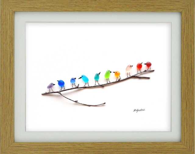 Rainbow Birds - Sea Glass & Driftwood Picture Framed Handmade Wall Art - image 1
